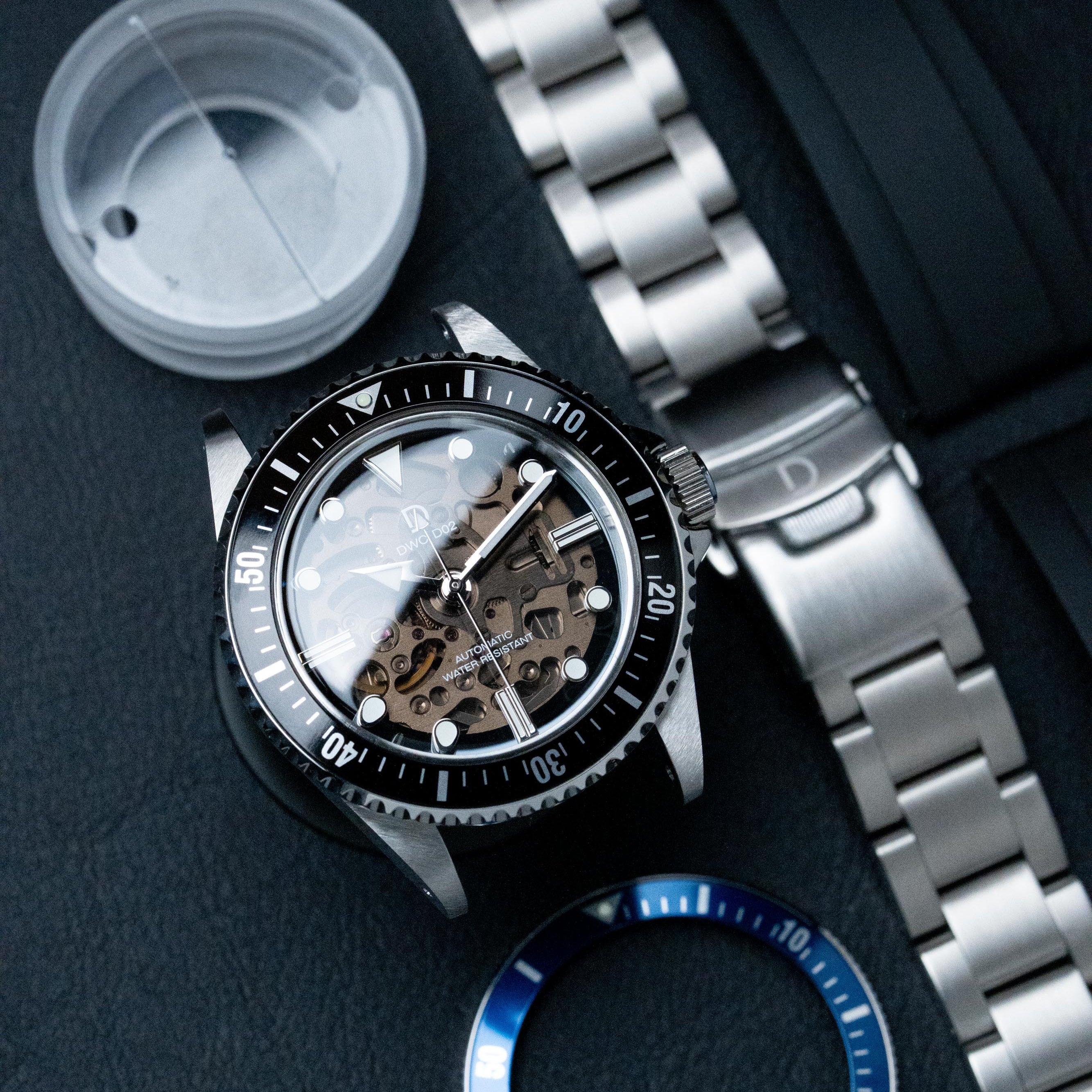 MODコンボセット | 40mm クリスタルダイヤル ダイバーズウォッチ ブルー DIYキット | ストラップ・ベゼル・ベゼルインサート各2点付き | セイコーNH70A ムーブメント