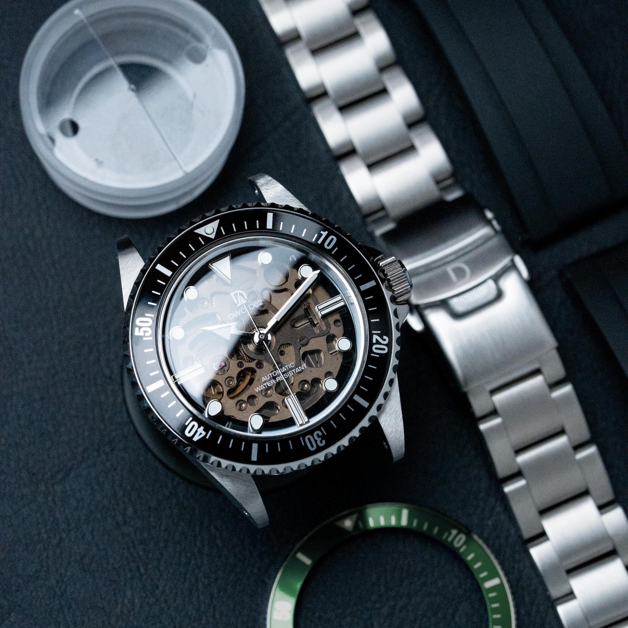 MODコンボセット | 40mm クリスタルダイヤル ダイバーズウォッチ グリーン DIY腕時計組立キット | ストラップ・ベゼル・ベゼルインサート各2点付き | 日本製 BGW9スーパールミ 夜光付き | セイコーNH70A 自動巻きムーブメント ステンレススチールブレスレット FKMラバーベルト ブラック