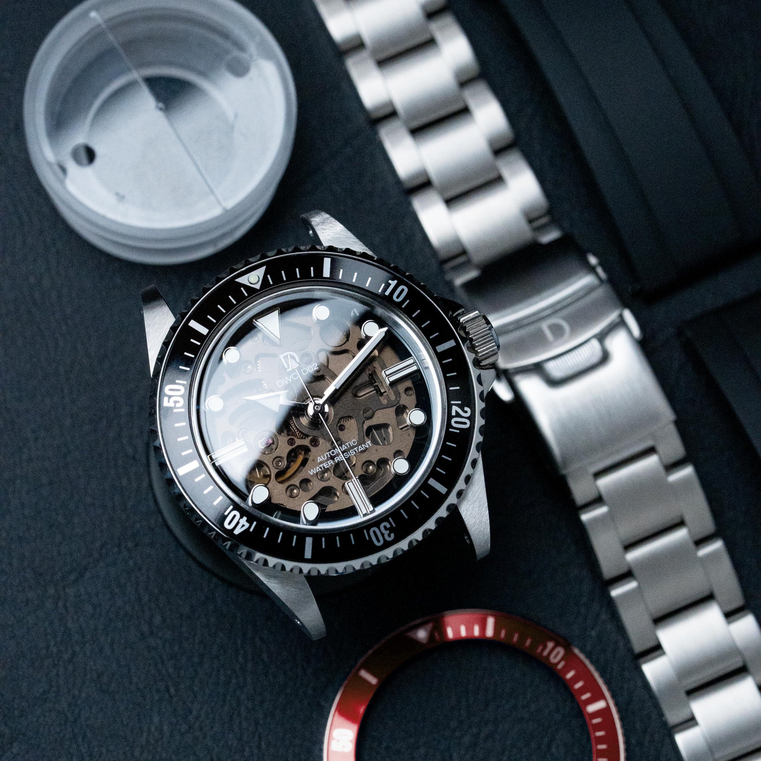 MODコンボセット | 40mm クリスタルダイヤル ダイバーズウォッチ レッド DIY腕時計組立キット | ストラップ・ベゼル・ベゼルインサート各2点付き | 日本製 BGW9スーパールミ 夜光付き | セイコーNH70A 自動巻きムーブメント ステンレススチールブレスレット FKMラバーベルト ブラック