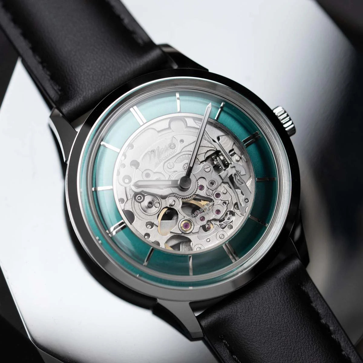 38.5mm モーゼル・スケルトンダイヤル ドレスウォッチ エメラルドグリーン DIYキット | クラシックレザーベルト ブラック | Miyota 82S0 自動巻きムーブメント