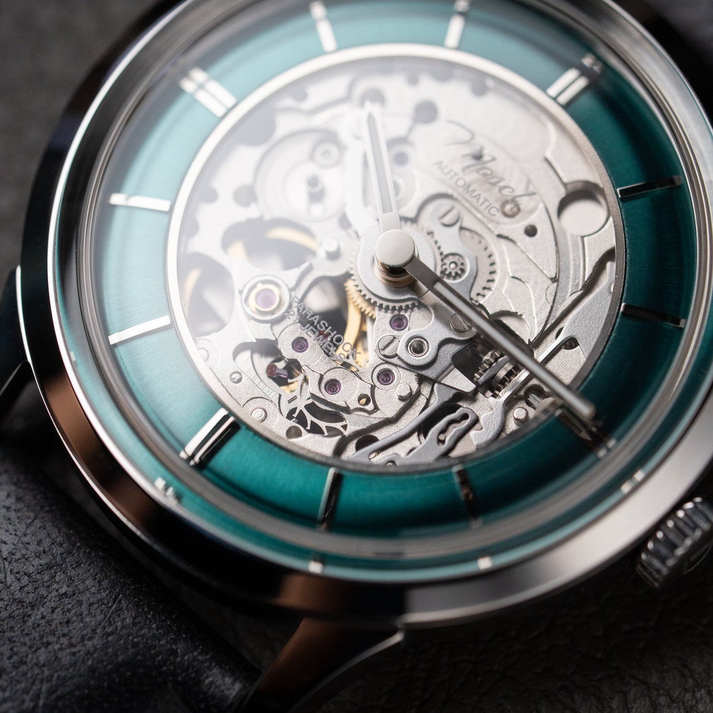 38.5mm モーゼル・スケルトンダイヤル ドレスウォッチ エメラルドグリーン DIYキット | クラシックレザーベルト ブラック | 日本製 BGW9スーパールミ 夜光付き | Miyota 82S0 自動巻きムーブメント