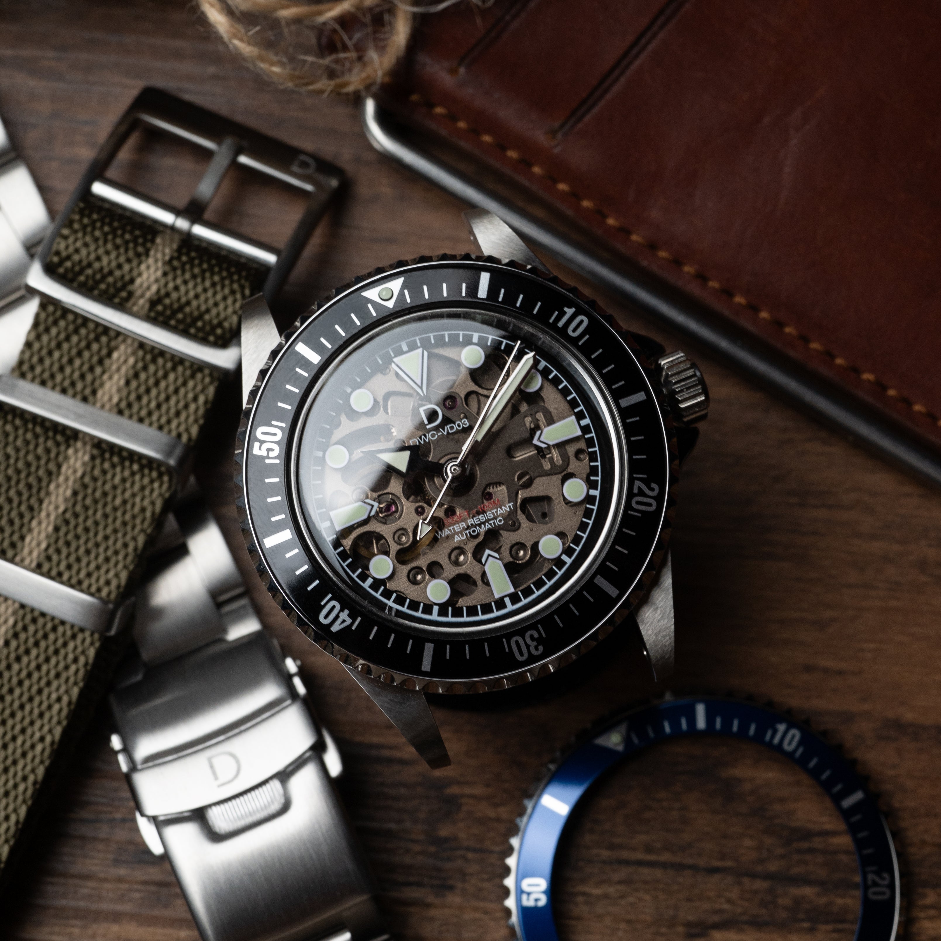 MODコンボセット | 40mm ヴィンテージ クリスタルダイヤル ダイバーズウォッチ ブルー DIYキット | ストラップ・ベゼル・ベゼルインサート各2点付き | セイコーNH70A ムーブメント